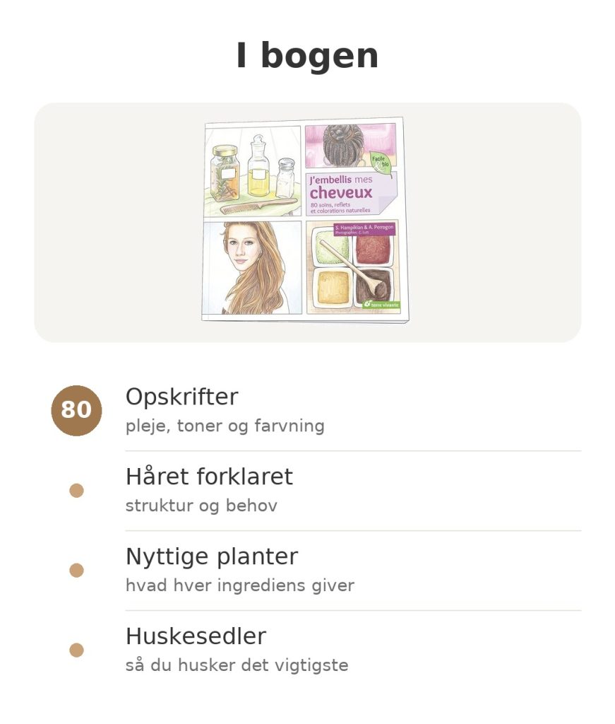 I bogen: J'embellis mes cheveux, 80 opskrifter, håret forklaret, nyttige planter og huskesedler