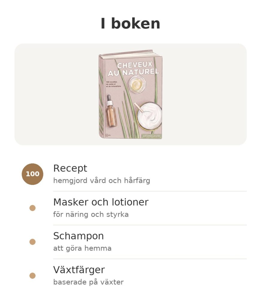 I boken: Cheveux au naturel, 100 recept på hemgjord hårvård, schampon och växtfärger
