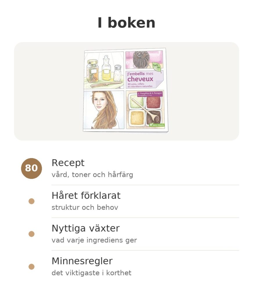 I boken: J'embellis mes cheveux, 80 recept, håret förklarat, nyttiga växter och minnesregler