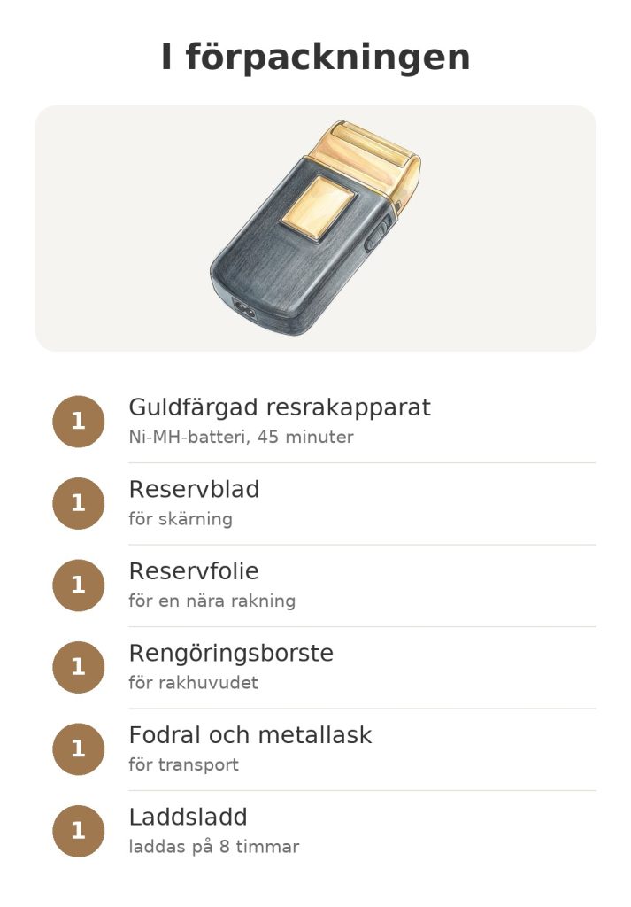 I förpackningen: guldfärgad resrakapparat Wahl med reservblad, reservfolie, rengöringsborste, fodral och laddsladd