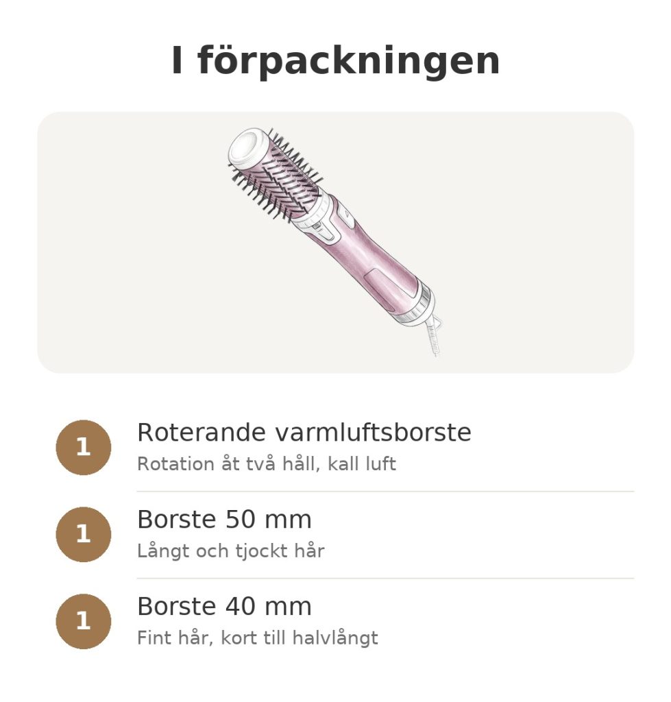Roterande varmluftsborste Rowenta Brush Activ rosa I förpackningen: roterande varmluftsborste Rowenta med en borste på 50 mm och en på 40 mm