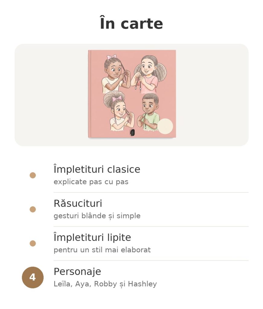Carte pentru a învăța să împletești părul afro În carte: învață să împletești părul creț, cu împletituri clasice, răsucituri și patru personaje