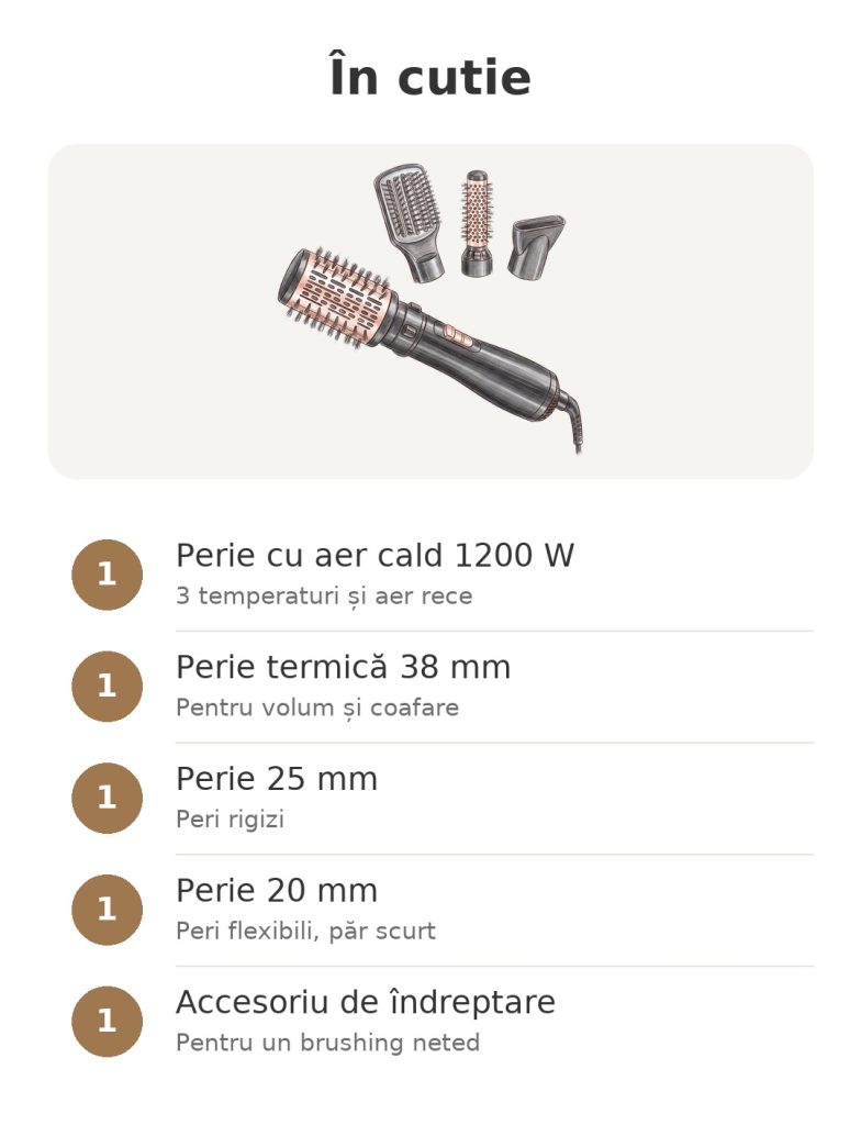 Perie cu aer cald BaByliss Smooth Finish 1200 În cutie: perie cu aer cald Babyliss 1200 W, perii de 38, 25 și 20 mm și accesoriu de îndreptare