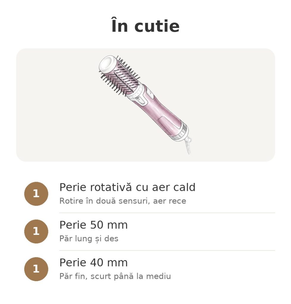 Perie rotativă cu aer cald Rowenta Brush Activ roz În cutie: perie rotativă cu aer cald Rowenta, cu o perie de 50 mm și una de 40 mm
