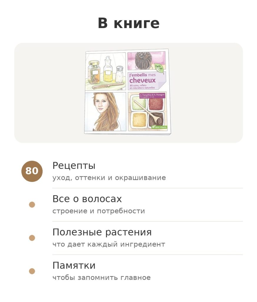 Содержание книги J'embellis mes cheveux: рецепты, все о волосах, полезные растения