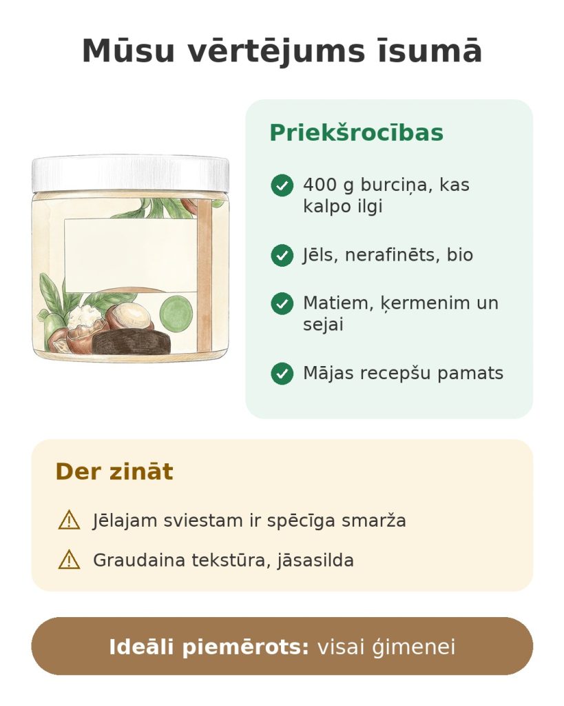 Mūsu vērtējums īsumā par jēlo ši sviestu, stiprās puses un kas jāzina