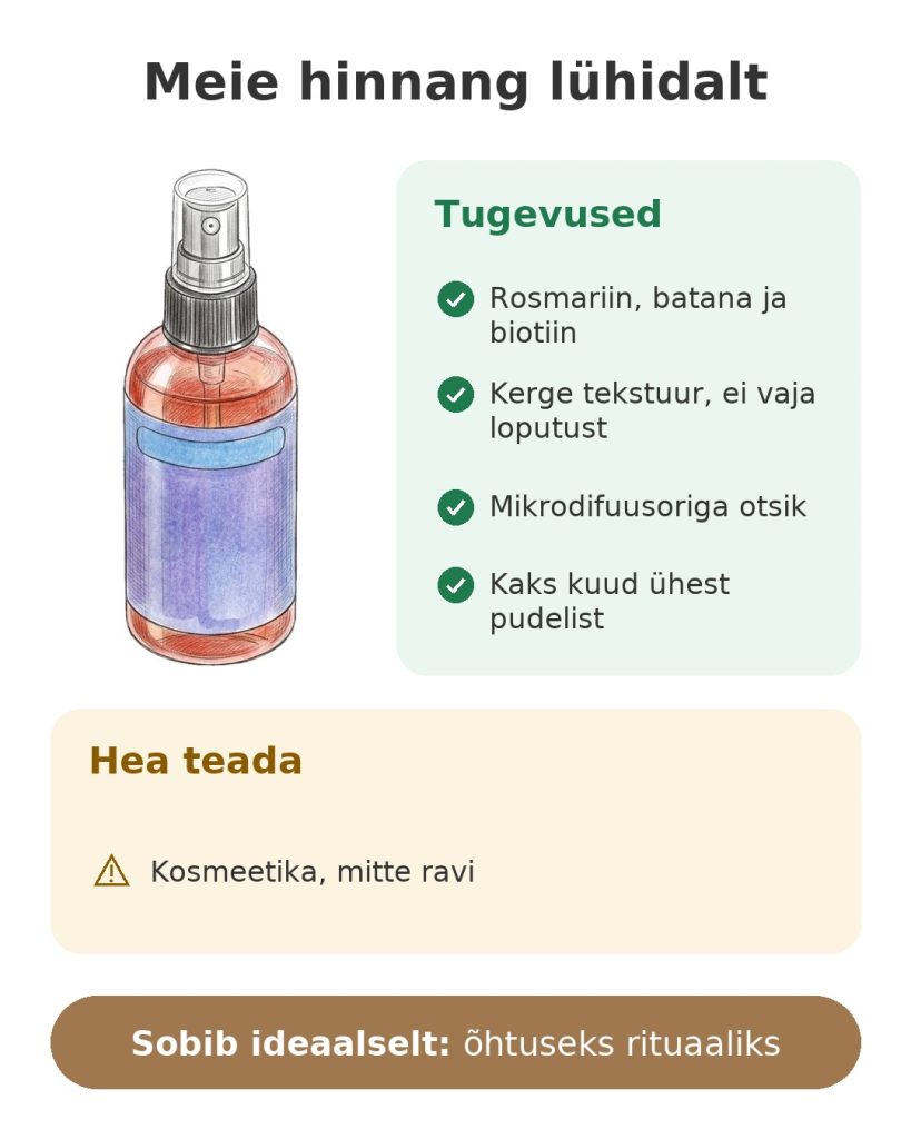 Juuseseerum AMAINKI rosmariini ja batanaga Meie hinnang lühidalt: juuksesiiber rosmariini, batana ja biotiiniga ilma loputuseta