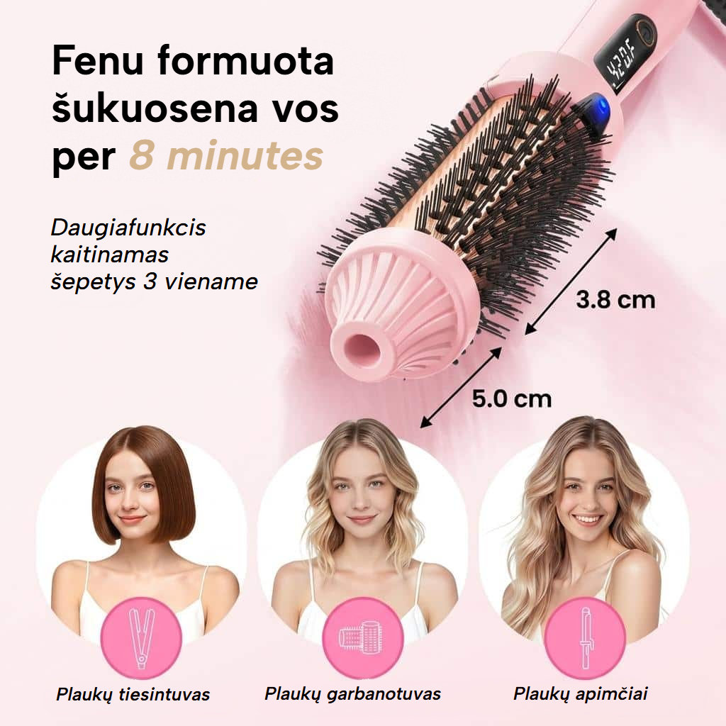 Šildomas tiesinimo, garbanojimo ir apimties suteikimo šepetys su LED ekranu