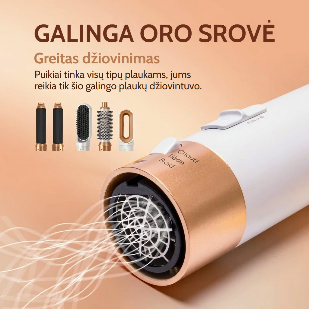 Karšto oro šepetys ir plaukų džiovintuvas su keliais antgaliais bei galinga oro srove greitam visų tipų plaukų džiovinimui
