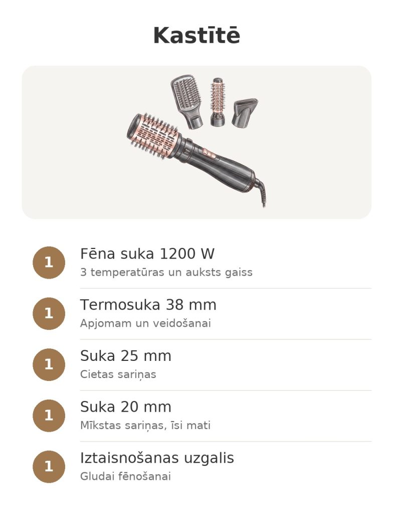 Kastītē: fēna suka Babyliss 1200 W ar 38, 25 un 20 mm sukām un iztaisnošanas uzgali