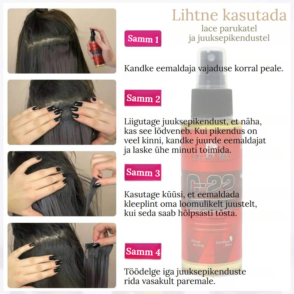 Parukate ja juuksepikenduste lahustisprei