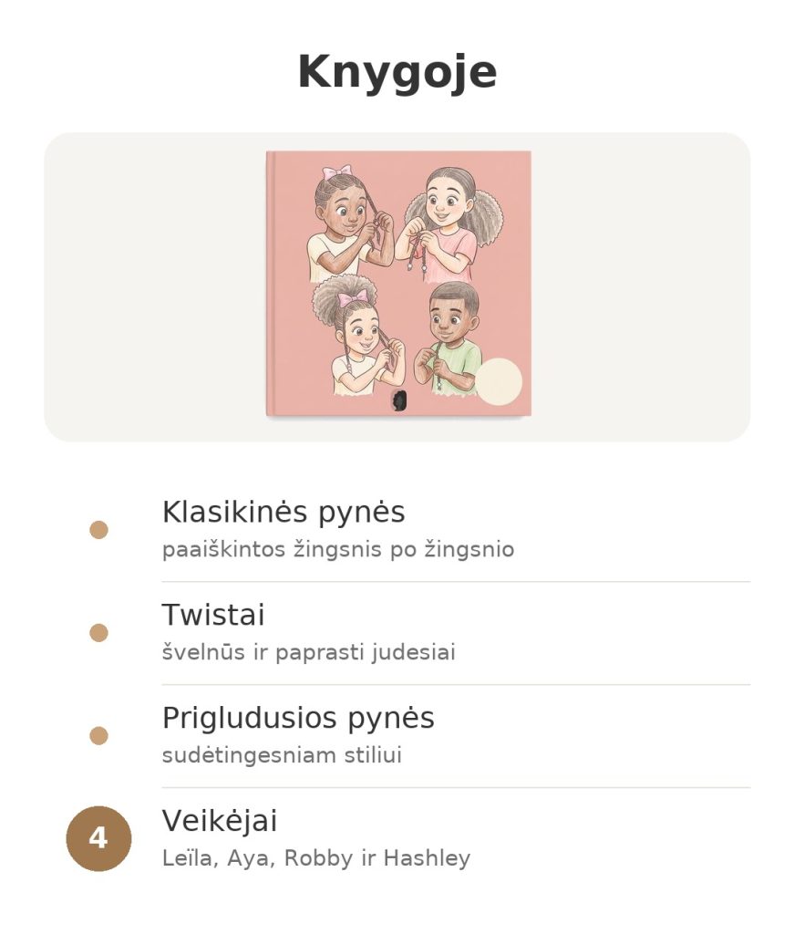 Knygoje: išmok pinti garbanotus plaukus klasikinėmis pynėmis, twistais, prigludusiomis pynėmis ir keturiais veikėjais