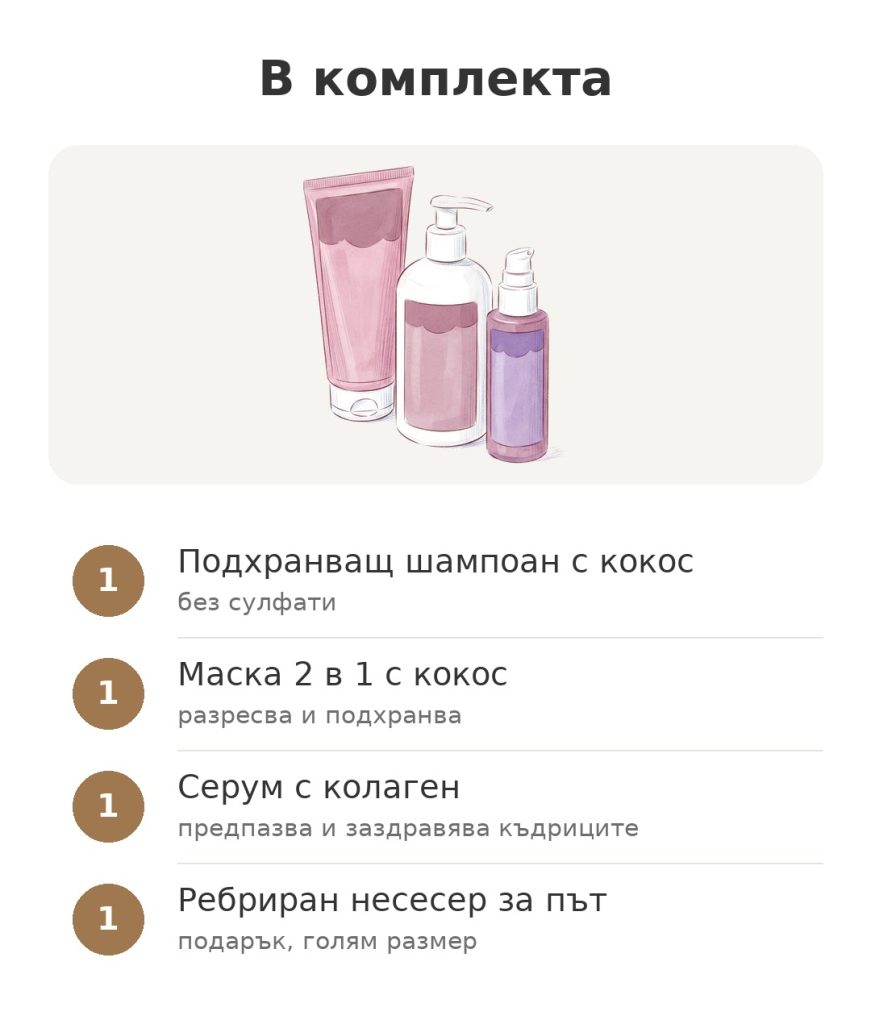 Съдържание на комплекта Energie Fruit Coco Curl с шампоан, маска, серум с колаген и несесер