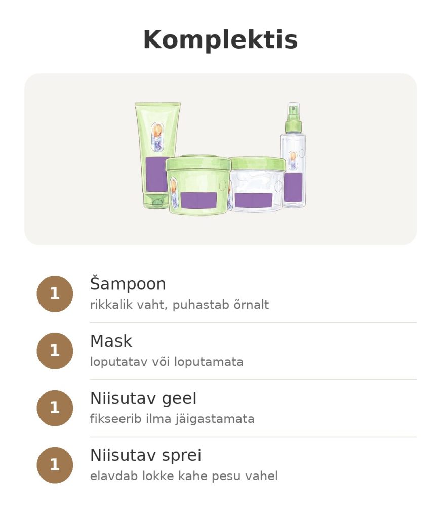 Garnier Fructis lokimeetodi komplekti sisu: šampoon, mask, niisutav geel ja sprei