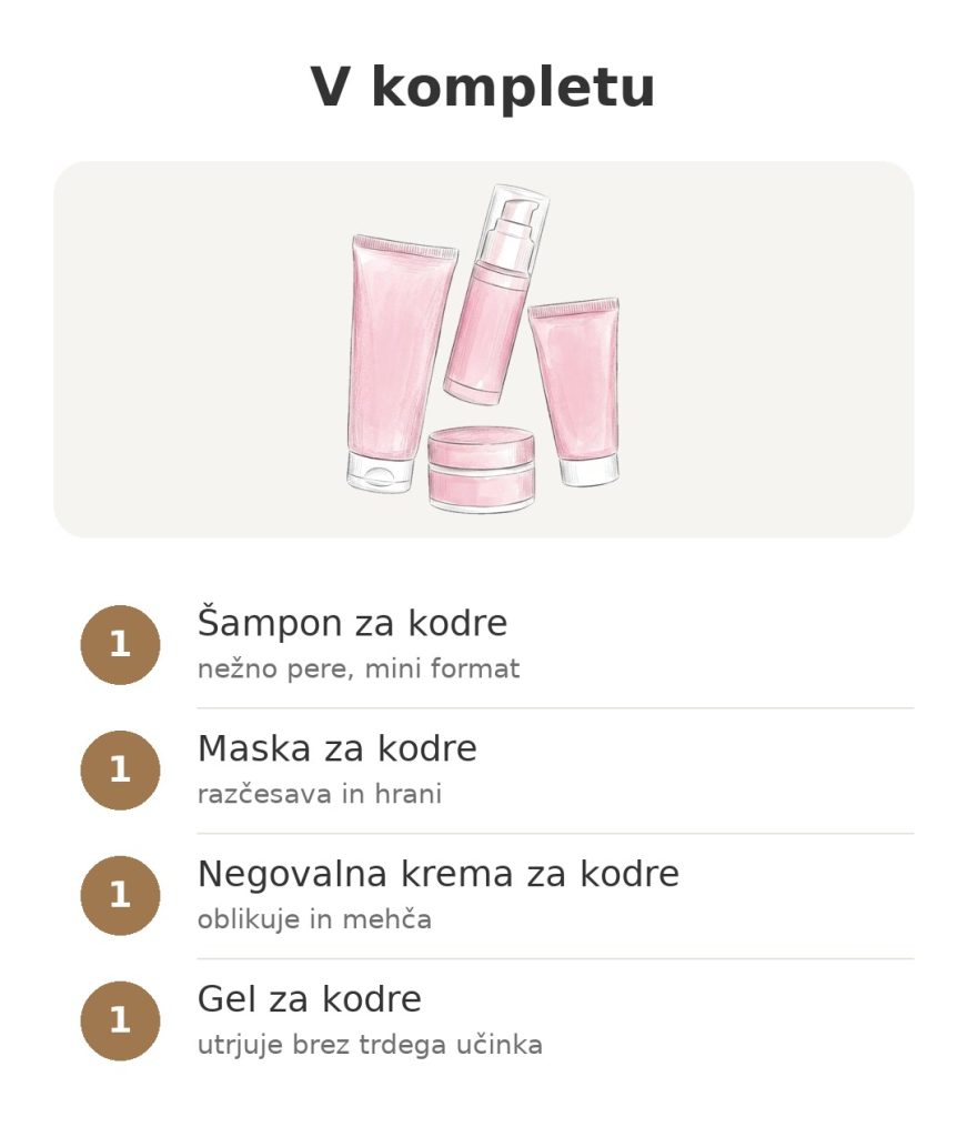 Vsebina kompleta Luxéol za kodre s šamponom, masko, negovalno kremo in gelom