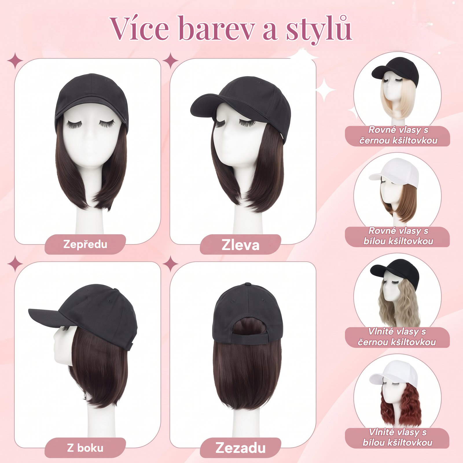 Kšiltovka s vlasy v několika barvách a stylech, rovné nebo vlnité vlasy, pohledy ze všech stran