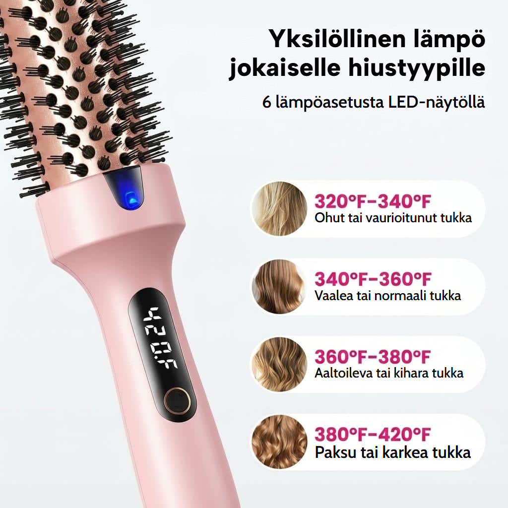 Suoristava, kihartava ja tuuheuttava lämpöharja LED-näytöllä