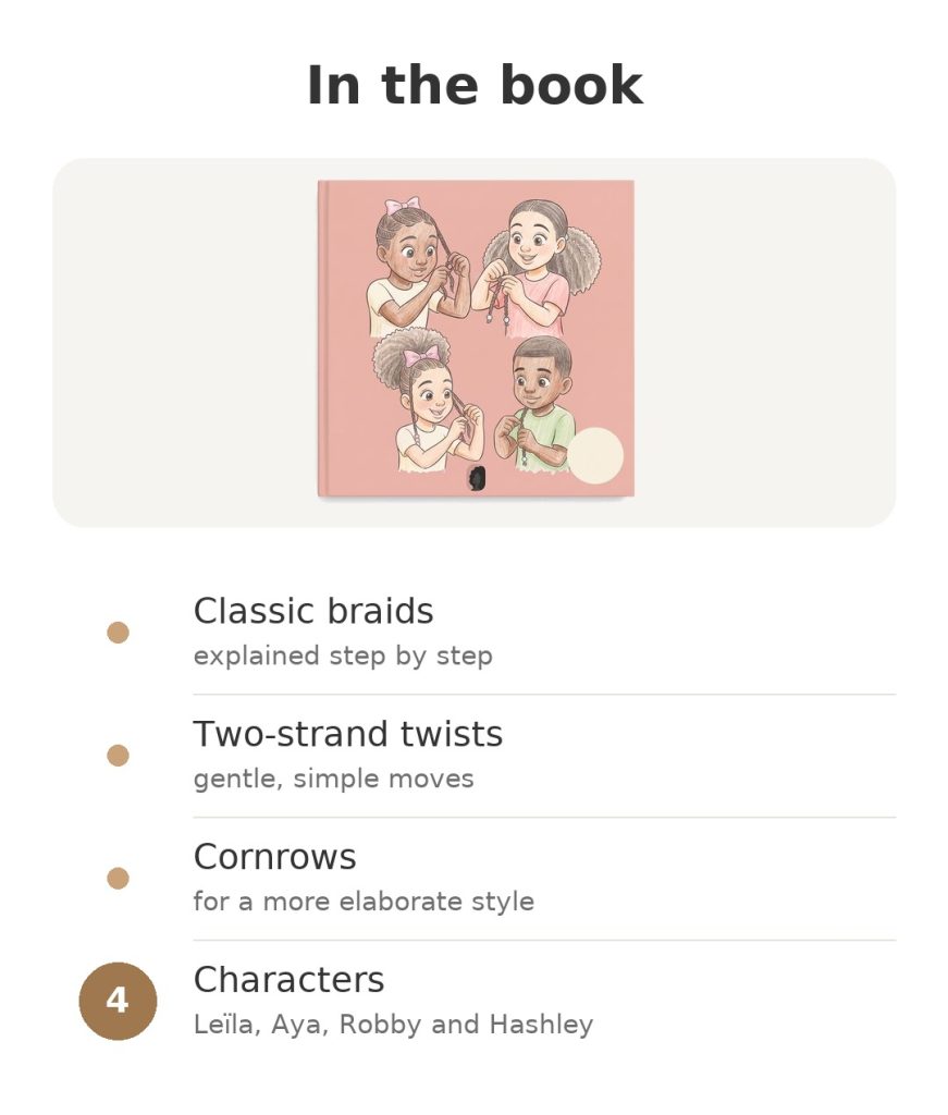 Contents of the book learn to braid coily hair: classic braids, two-strand twists, cornrows