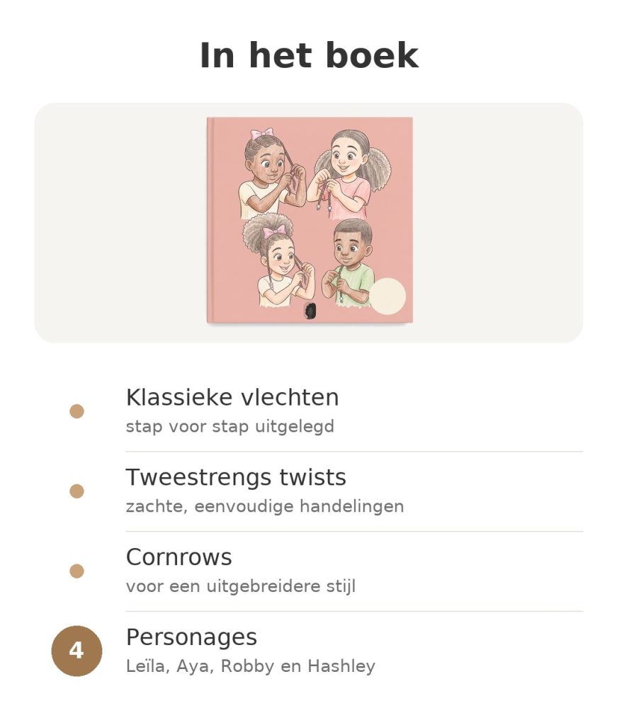Inhoud van het boek leren vlechten voor kroeshaar: klassieke vlechten, tweestrengs twists, cornrows