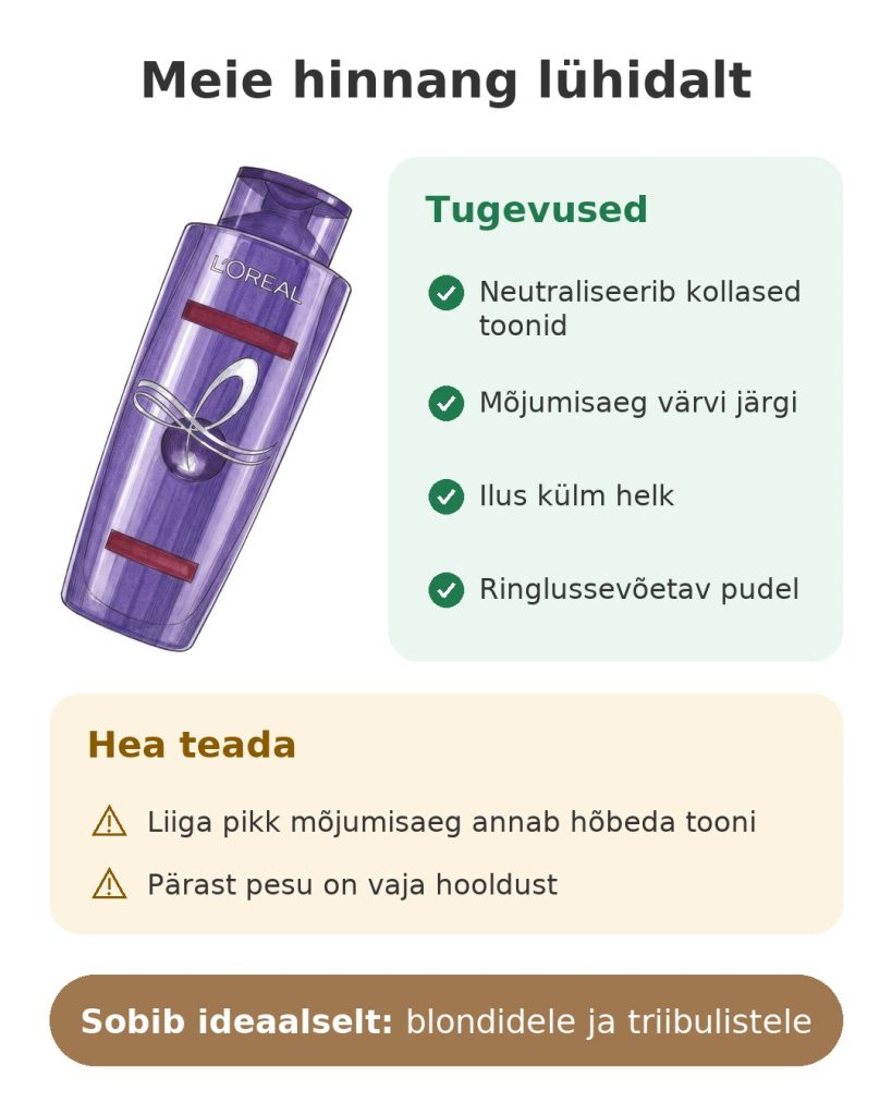 L'Oréal Elseve Color-Vive lilla šampoon Meie hinnang lühidalt: L'Oréali lilla šampoon blondidele ja triibulistele juustele