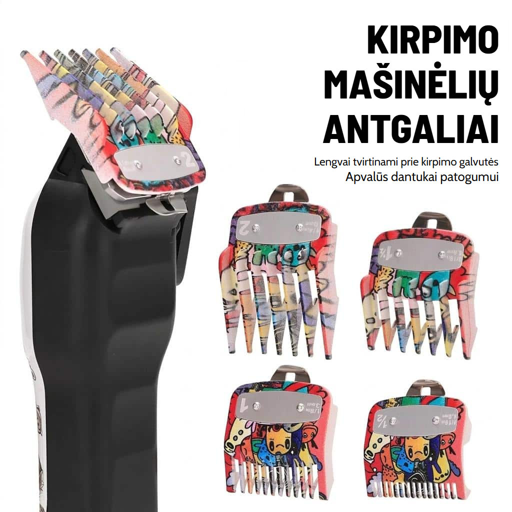 Kirpimo mašinėlės antgalių rinkinys su daugiaspalviais raštais