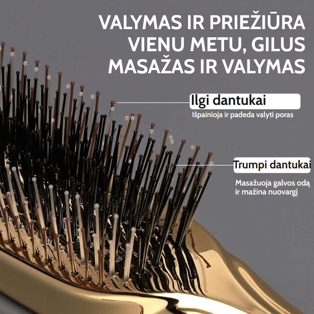 Rožinis galvos odos masažo šepetys su antistatiniais nailono dantukais