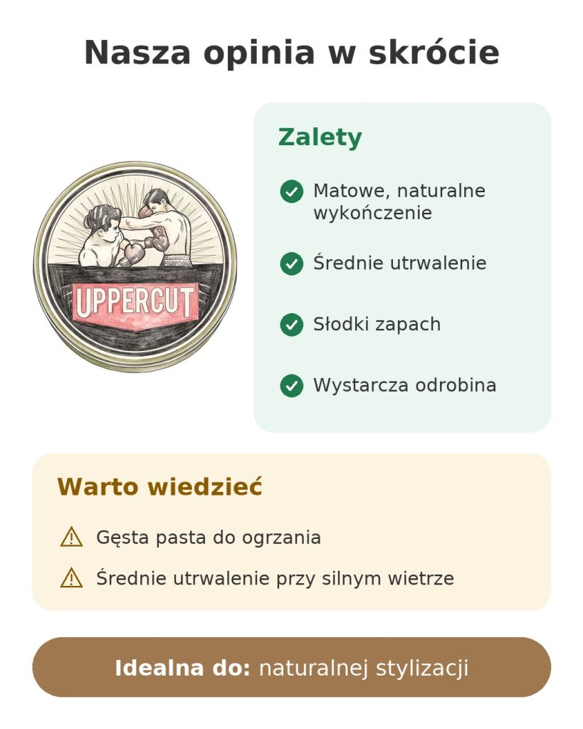 Nasza opinia w skrócie o matowej pomadzie Uppercut Deluxe z naturalnym wykończeniem i średnim utrwaleniem