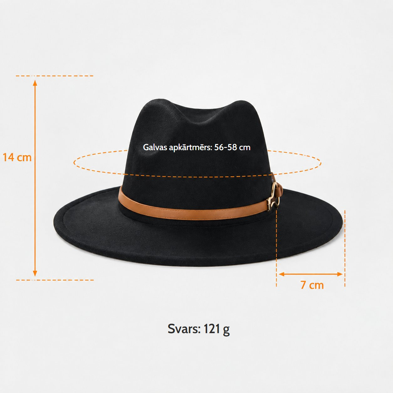 Melna fedora cepure ar konjaka krāsas siksnu, galvas apkārtmērs 56-58 cm un svars 121 g