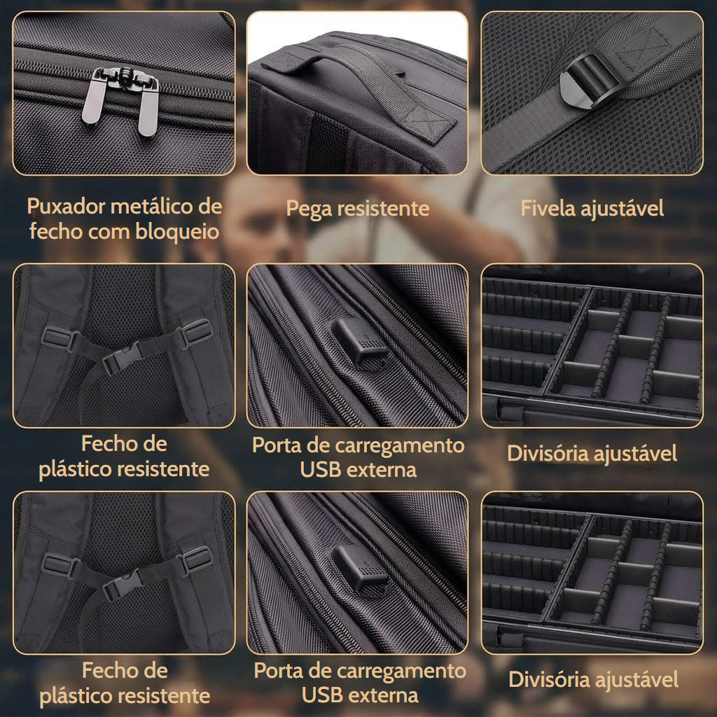 Mochila profissional para maquilhagem e ferramentas de penteado com compartimentos ajustáveis