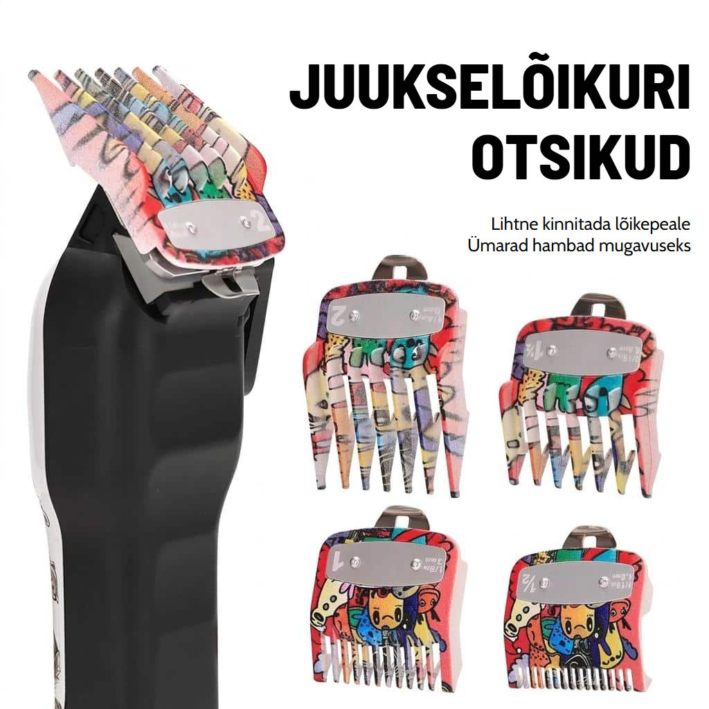 Mitmevärviliste mustritega juukselõikusmasina juhtkammide komplekt