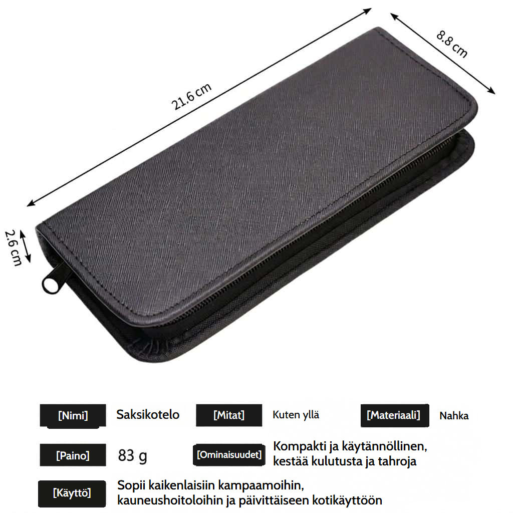 Suojakotelo kampaamosaksille vetoketjullisella taskulla