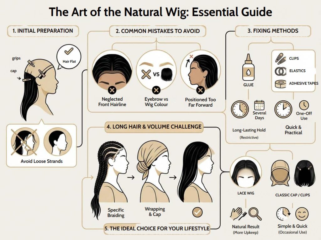 How to put on a wig: the complete guide to a natural result Infographic guide to the natural wig: preparation, common mistakes, fixing methods, long hair and the ideal choice