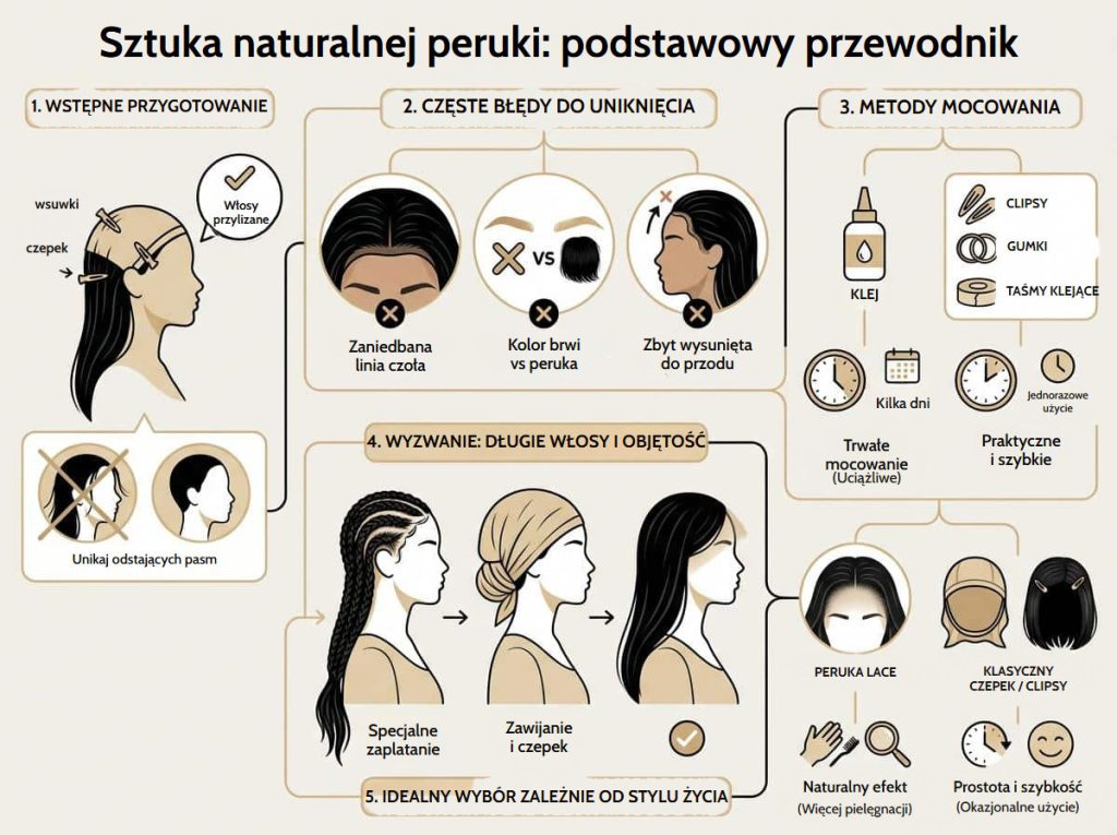 Jak założyć perukę: kompletny przewodnik po naturalnym efekcie Infografika z podstawowym przewodnikiem po naturalnej peruce: przygotowanie, częste błędy, metody mocowania, długie włosy i wybór według stylu życia