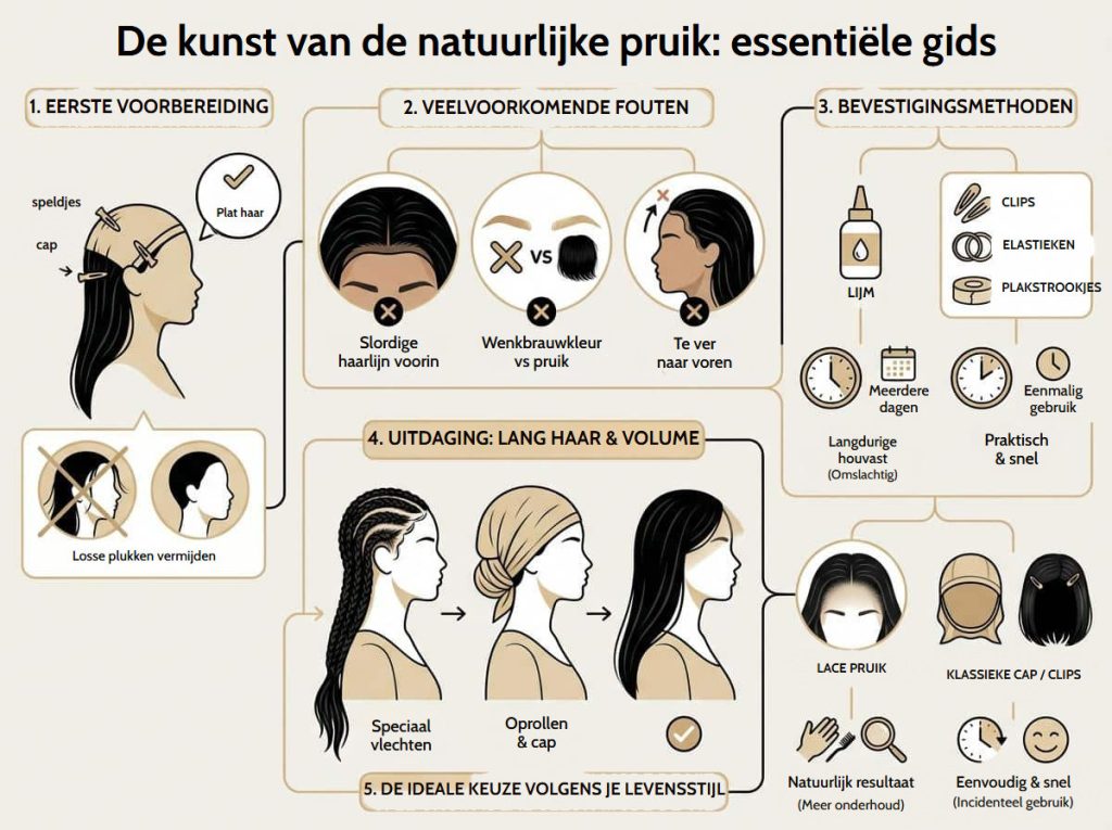 Een pruik opzetten: de complete gids voor een natuurlijk resultaat Infographic essentiële gids voor de natuurlijke pruik: voorbereiding, veelvoorkomende fouten, bevestigingsmethoden, lang haar en de juiste keuze voor je levensstijl