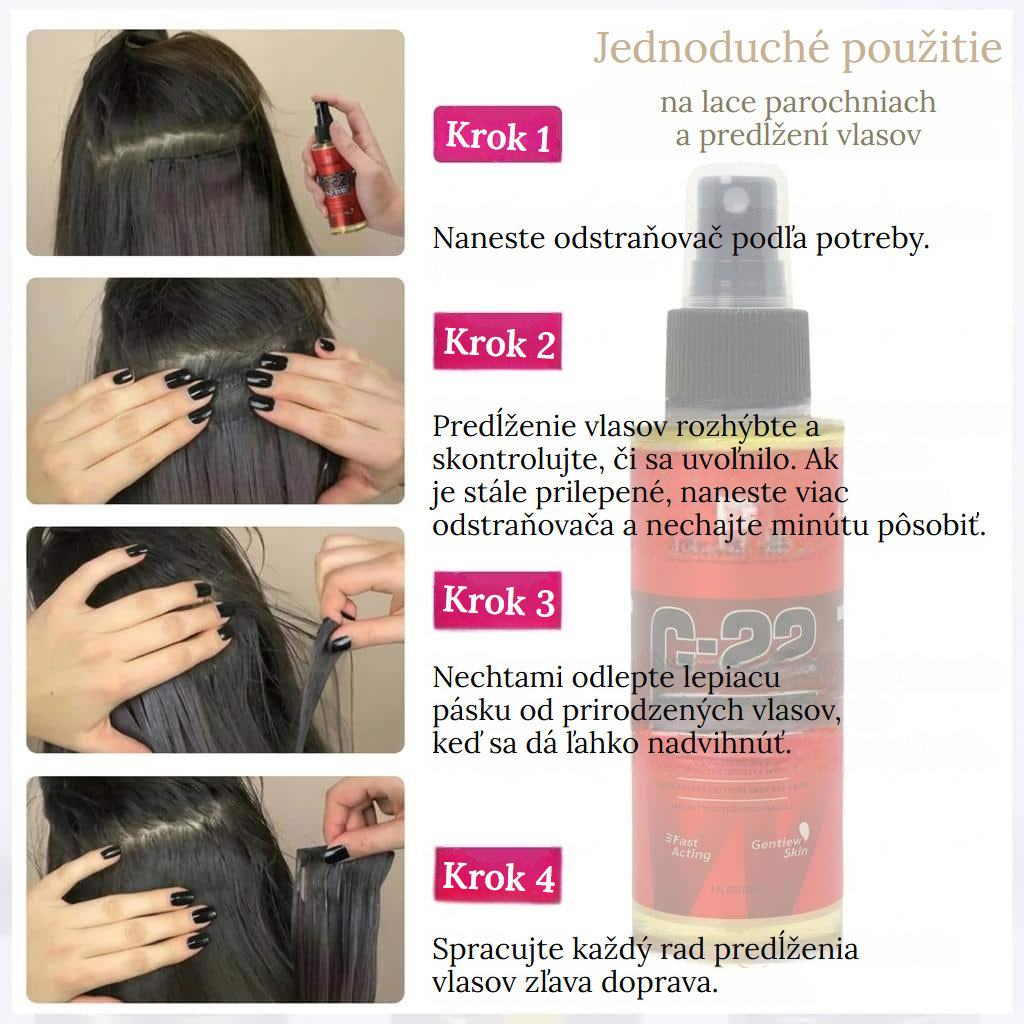 Sprej na rozpúšťanie lepidla z parochní a vlasových extenzií