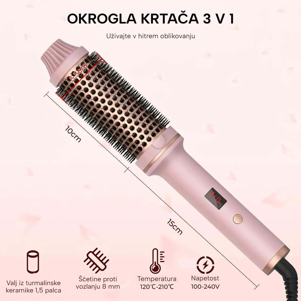 Okrogla ogrevana keramična krtača 3 v 1 z LCD-zaslonom