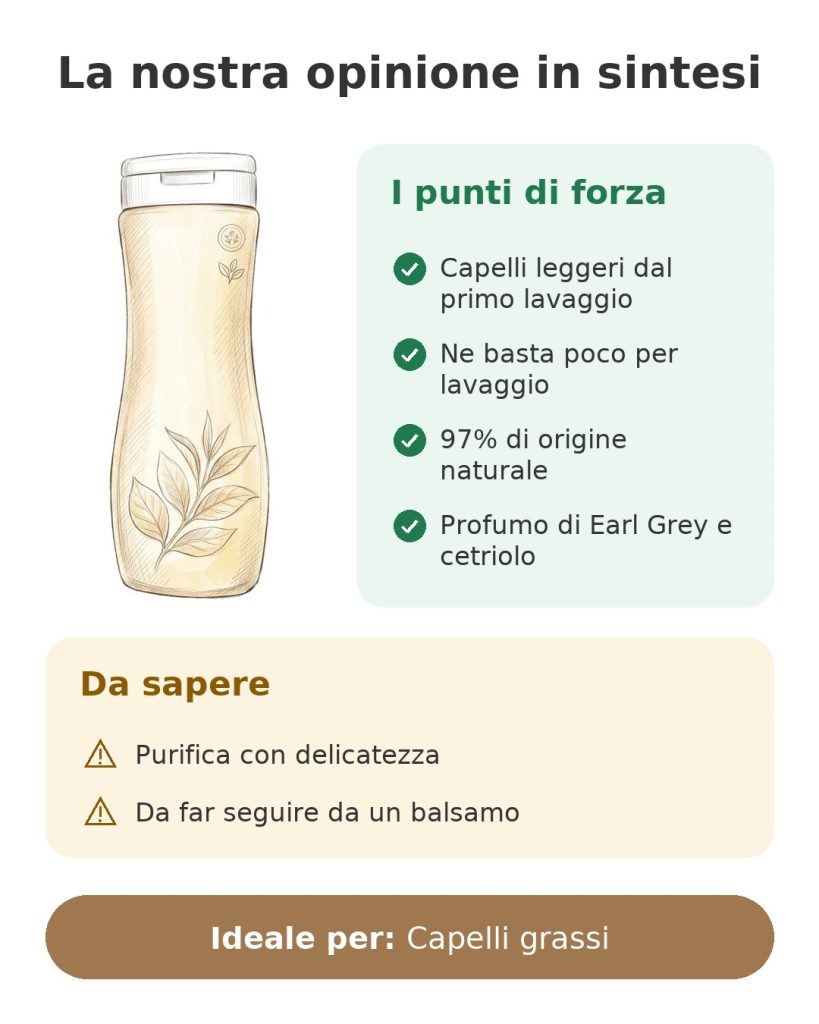 La nostra opinione in sintesi sullo shampoo purificante all'Earl Grey e cetriolo per capelli grassi
