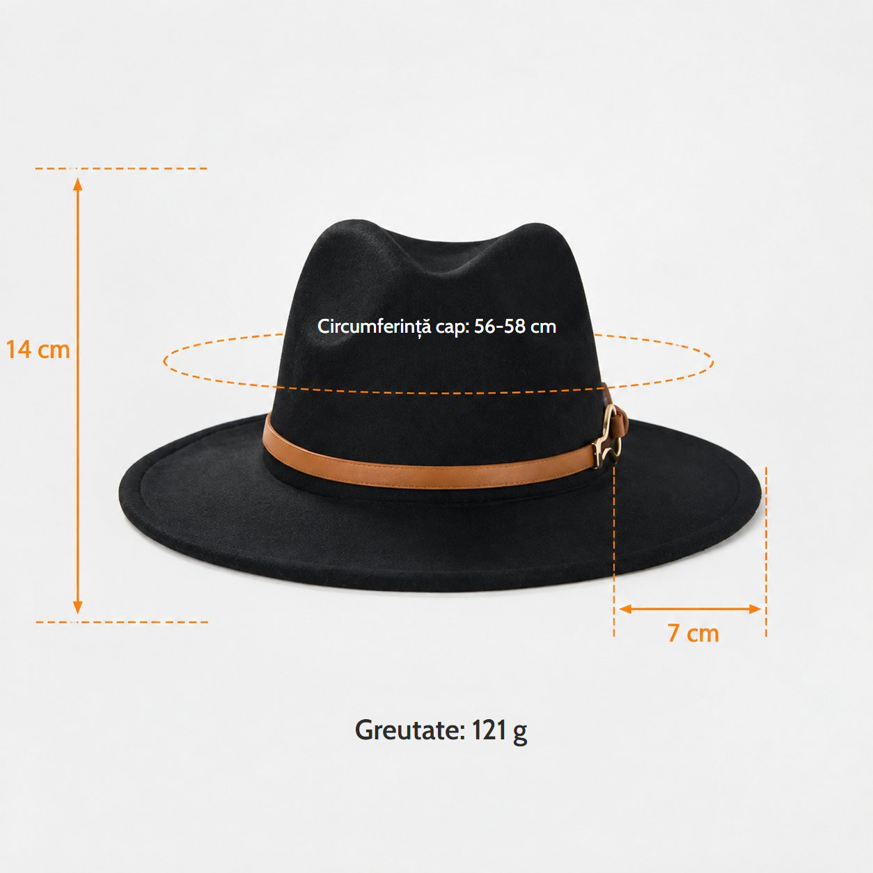 Pălărie fedora neagră cu curea coniac, circumferința capului de 56-58 cm și greutate de 121 g