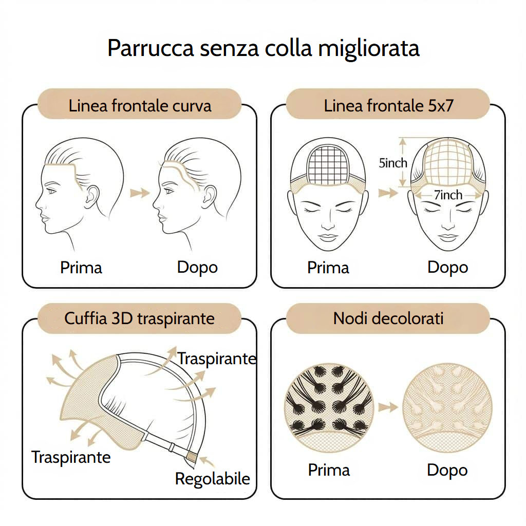Parrucca ondulata senza colla in capelli marrone cioccolato con pizzo trasparente