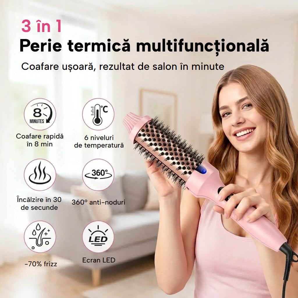 Perie termică de îndreptat, buclat și volumizat, cu ecran LED
