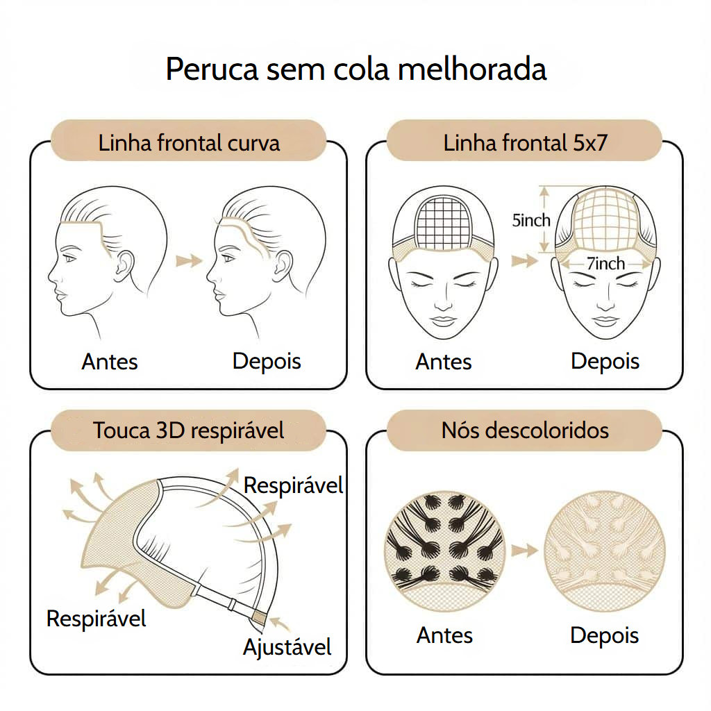Peruca ondulada sem cola de cabelo castanho-chocolate com renda transparente