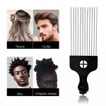 Pettine afro con denti in metallo e quattro acconciature: capelli intrecciati, ciuffo, afro e chignon