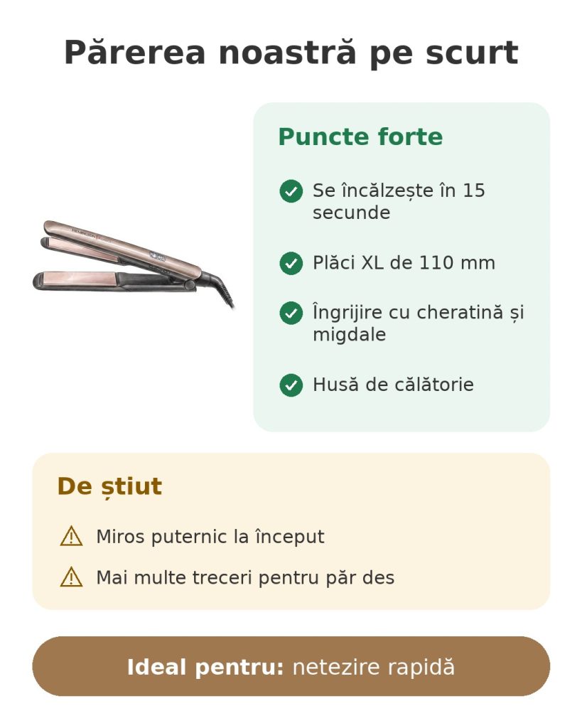 Placă de îndreptat Remington Keratin Protect plăci XL Părerea noastră pe scurt despre placă de păr Remington cu cheratină și migdale, puncte forte, de știut și utilizare ideală