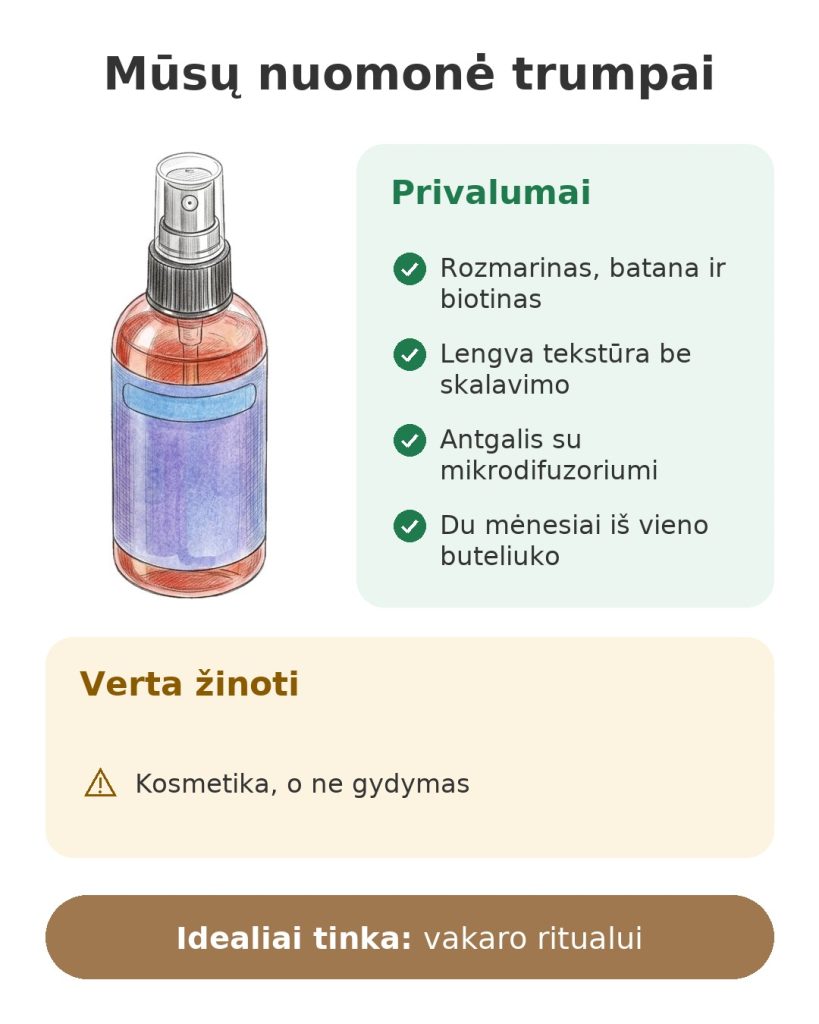 AMAINKI plaukų serumas su rozmarinais ir batana Mūsų nuomonė trumpai apie plaukų serumą su rozmarinu, batana ir biotinu be skalavimo