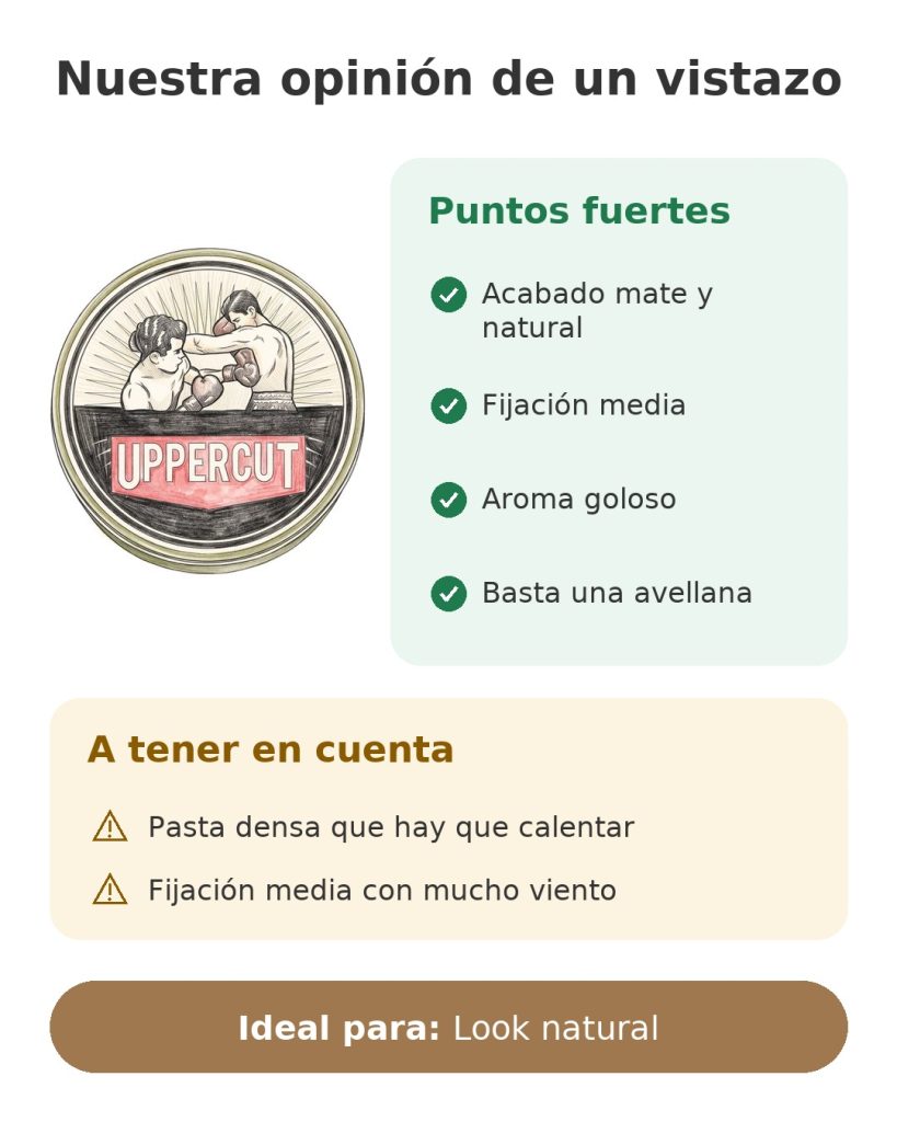 Pomada Uppercut Deluxe Matte 100 g Nuestra opinión de un vistazo sobre la pomada mate Uppercut Deluxe, de acabado natural y fijación media