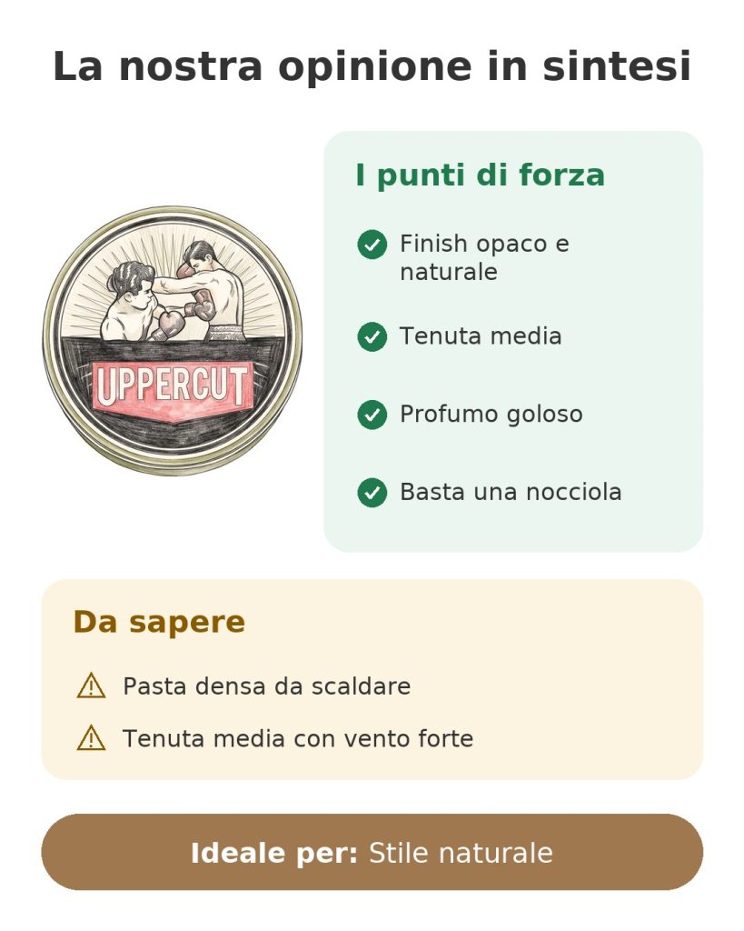 La nostra opinione in sintesi sulla pomata opaca Uppercut Deluxe, dal finish naturale e dalla tenuta media