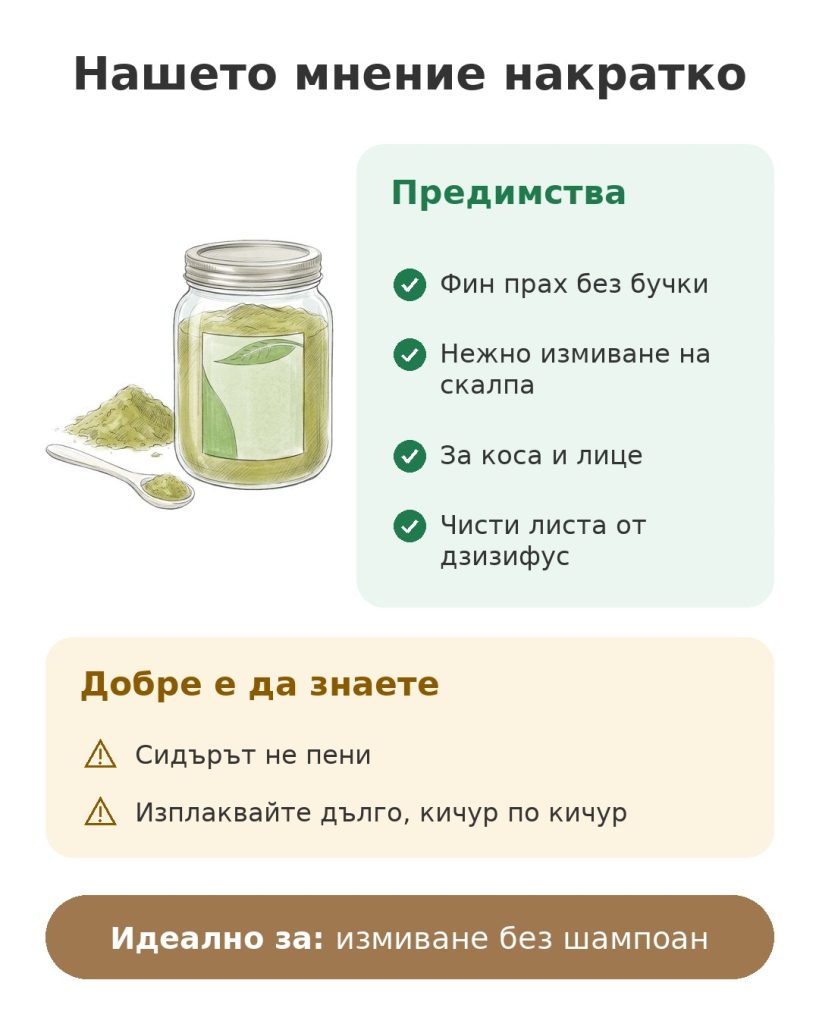 Нашето мнение накратко за праха сидр от чисти листа на дзизифус за миене без шампоан