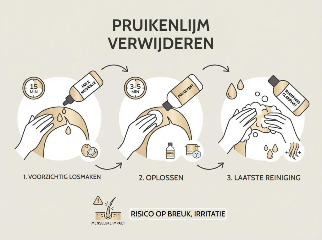 Infographic in drie stappen over het verwijderen van pruikenlijm: losmaken met olie, oplossen en laatste reiniging
