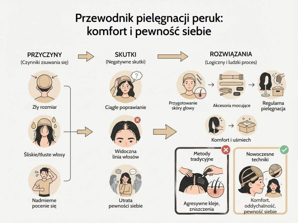 Infografika z przewodnikiem pielęgnacji peruk: przyczyny zsuwania się, skutki i rozwiązania dla komfortu i pewności siebie