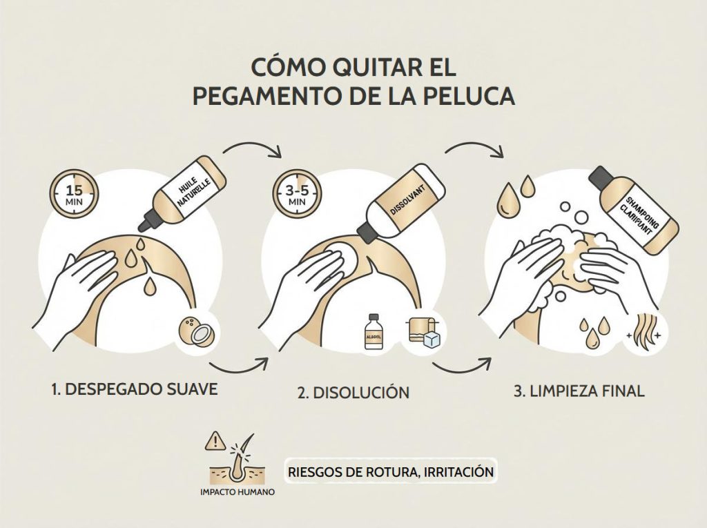 Infografía en tres pasos para quitar el pegamento de la peluca: despegado con aceite, disolvente y limpieza final